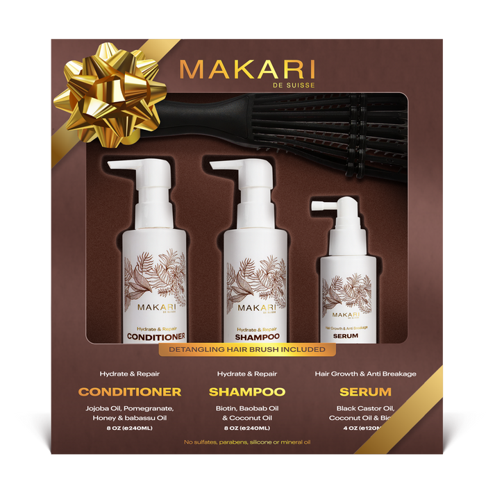 Makari Hair Care Set Shampoo Conditioner and Growth Serum Detangling Hair Brush