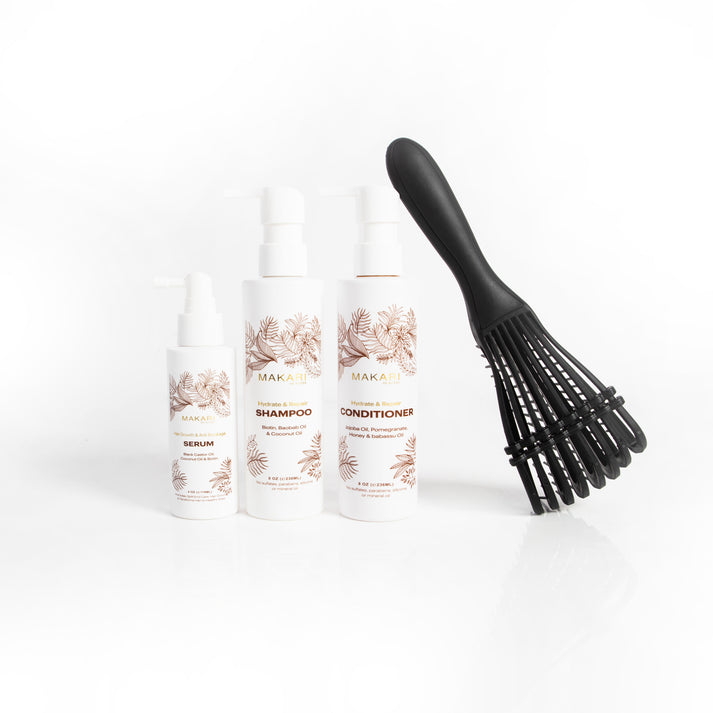 Makari Hair Care Set Shampoo Conditioner and Growth Serum Detangling Hair Brush